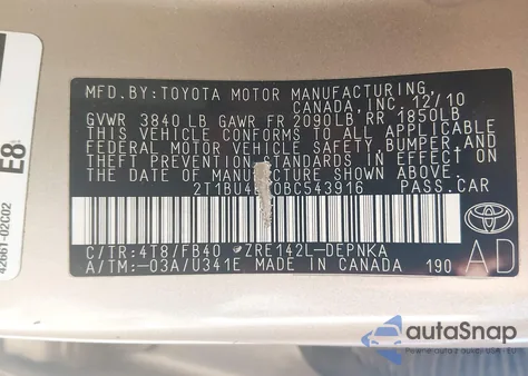 2011 Toyota Corolla Le z USA, uszkodzony, nr VIN 2T1BU4EE0BC543916